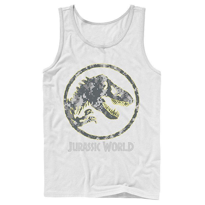 Men's Jurassic World Camouflage Yellow Outline Fossil Coin Logo Tank Top, Size: Large, White Product Image