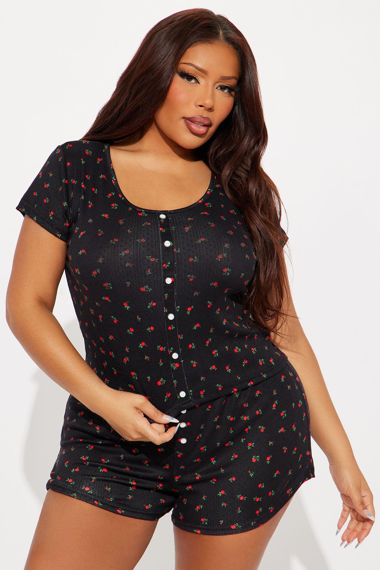 Floral Bloom Pointelle PJ Short Set - Black/Red Product Image