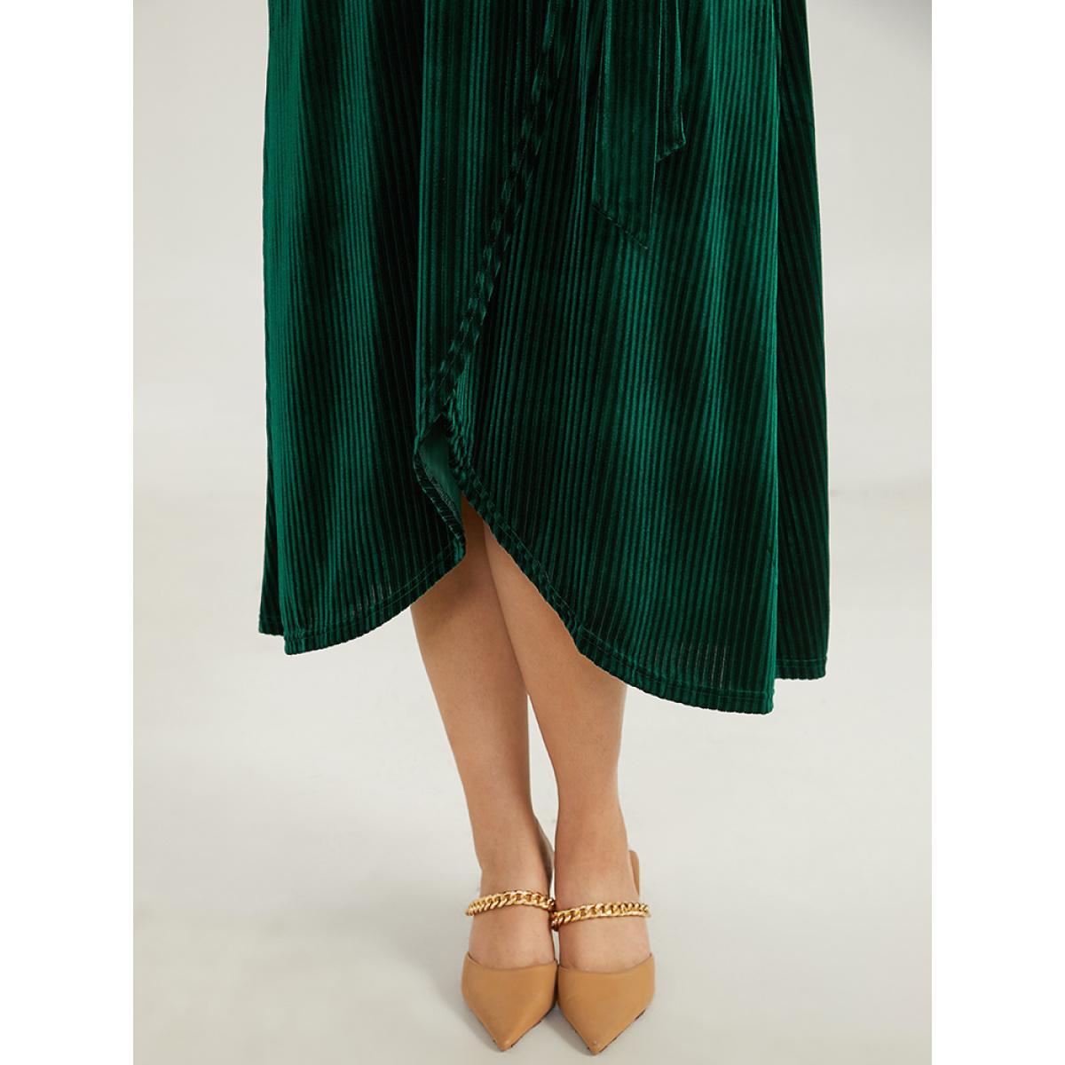 Plus Size Velvet Rib Knit Wrap Hem Pocket Belted Dress DarkGreen Women Elegant Wrap V-neck Long Sleeve Curvy Midi Dress BloomChic 10/M Product Image