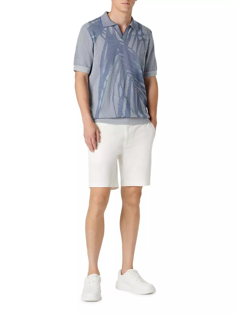 Palm-Print Johnny Collar Short-Sleeve Polo Sweater Product Image