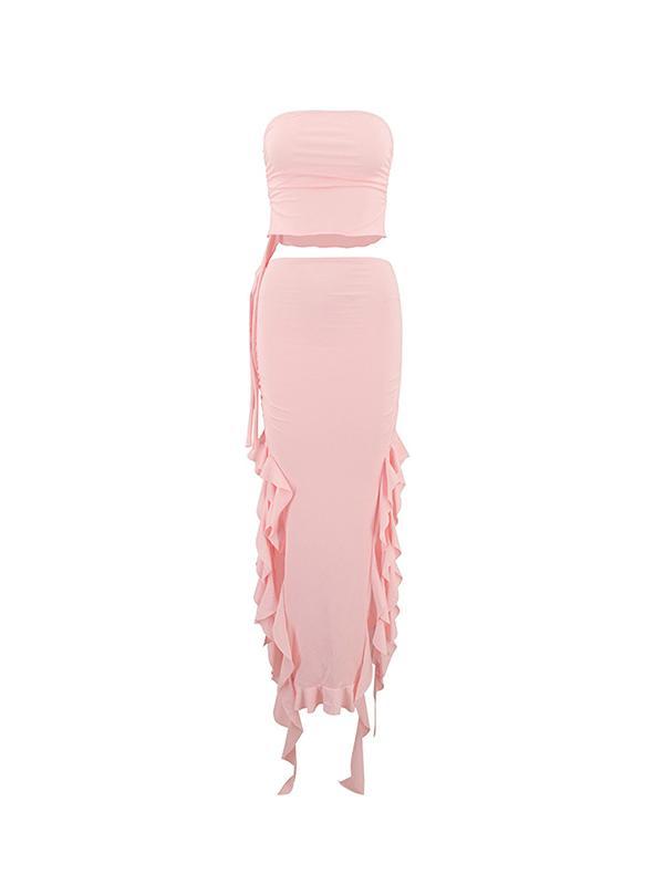 Solid Ruched Cropped Bandeau Top & Ruffled Trim Split Skirt Set Product Image