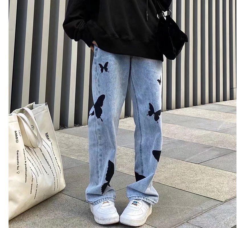Mid Rise Butterfly Washed Wide Leg Jeans Product Image