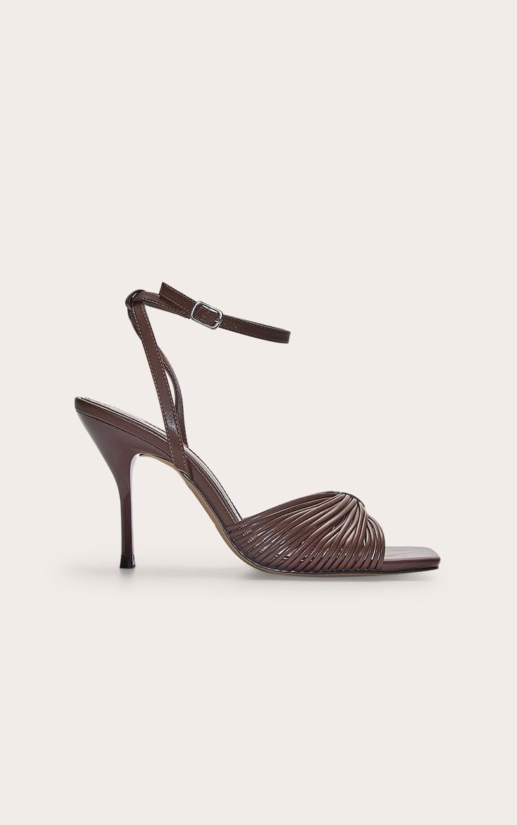 Chocolate Pu Square Toe Multi Strap Gold Trim High Heeled Sandals Product Image