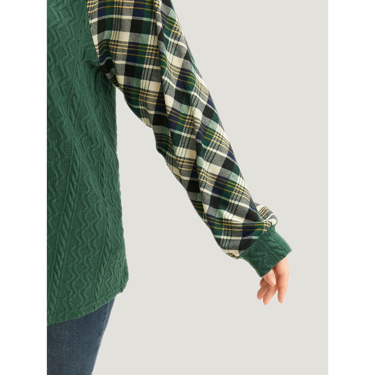 Plus Size Plaid Raglan Sleeve Patchwork Texture Sweatshirt Women DarkGreen Casual Elastic cuffs V-neck Dailywear Sweatshirts BloomChic 30/6X Product Image