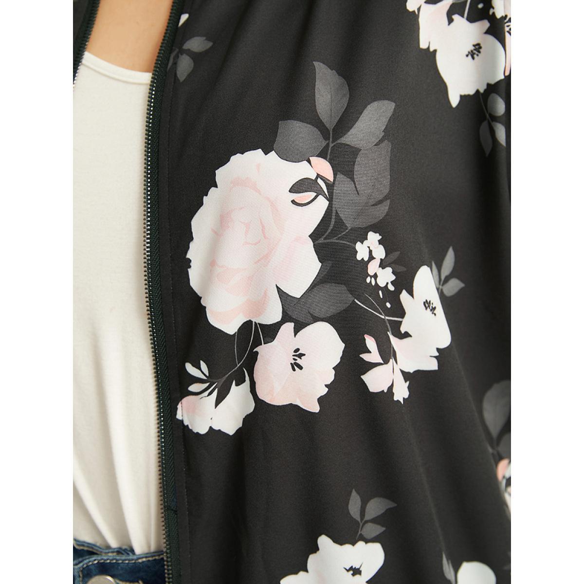 Plus Size Floral Contrast Trim O Ring Zipper Jacket Women Black Elastic cuffs Dailywear Jackets BloomChic 14-16/1X Product Image
