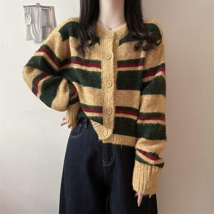 Round Neck Striped Cardigan Product Image