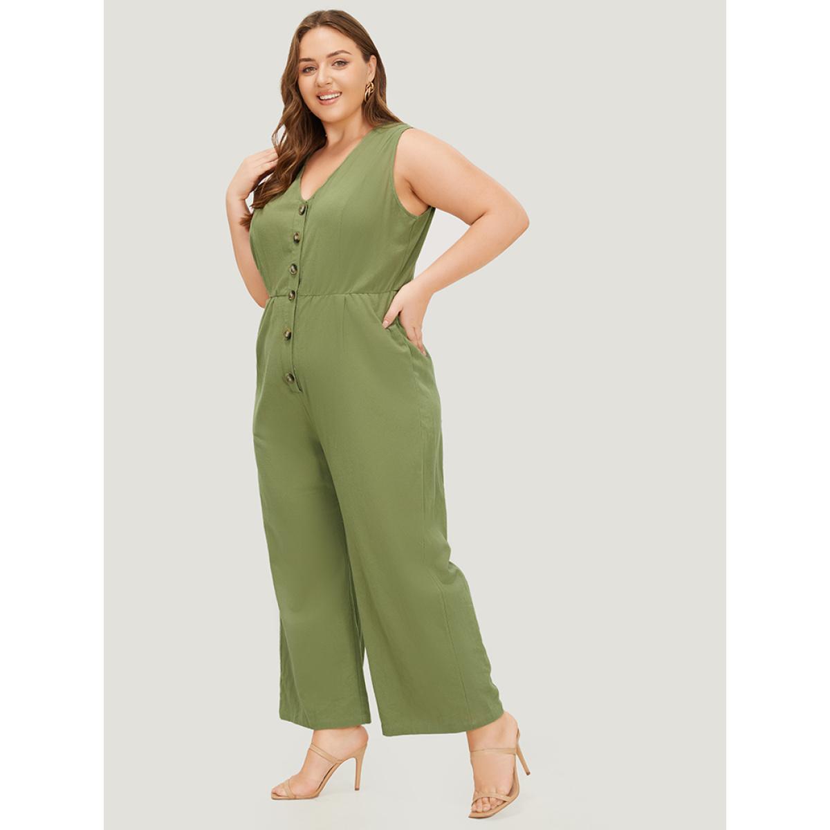 Plus Size Sage Plain Pocket Button Through Tank Jumpsuit Women Office Sleeveless V-neck Work Loose Jumpsuits BloomChic 18-20/2X Product Image