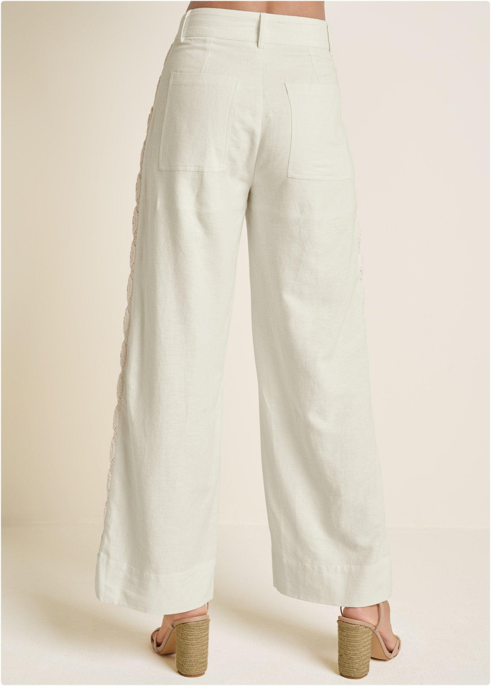 Linen Crochet Side Pants - Bone Product Image