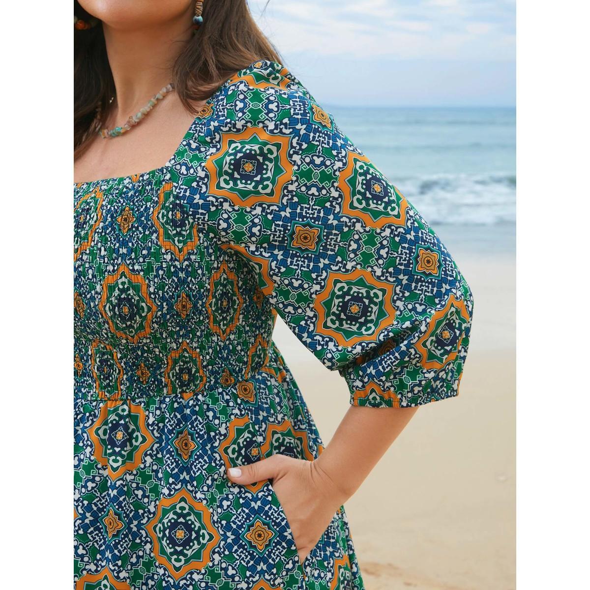 Plus Size Ornate Print Shirred Stretchy Waist Midi Dress Emerald Women Resort Shirred Square Neck Elbow-length sleeve Curvy BloomChic 18-20/2X Product Image