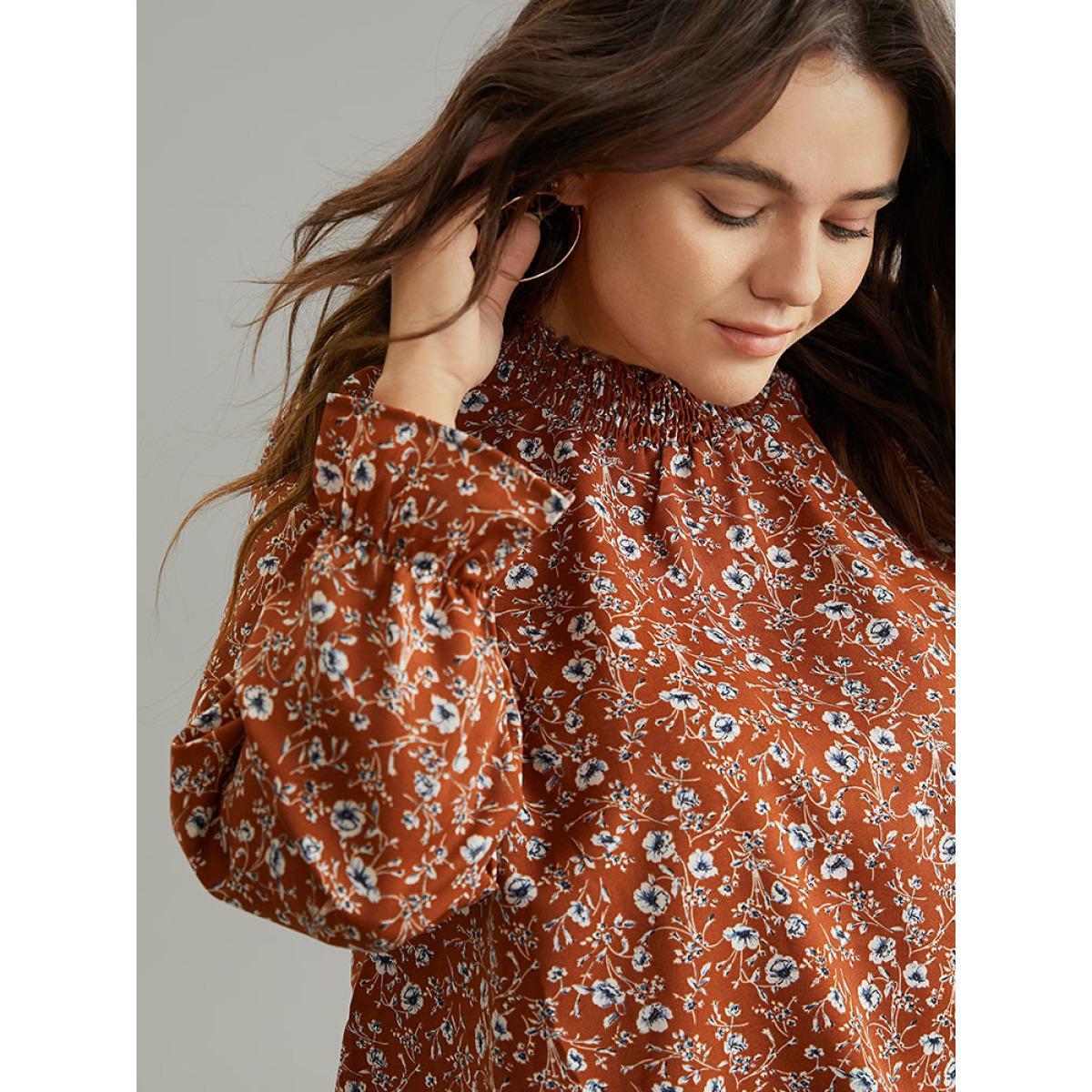 Plus Size Rust Ditsy Floral Shirred Pocket Layered Blouse Women Elegant Long Sleeve Round Neck Dailywear Blouses BloomChic 22-24/3X Product Image