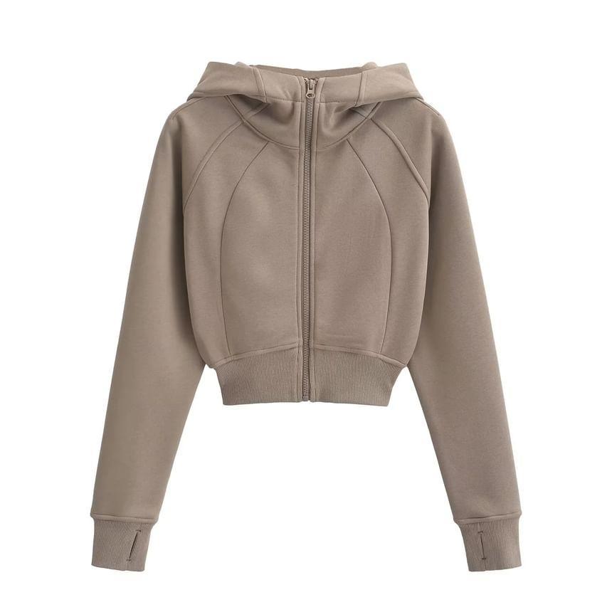 Plain Crop Zip-Up Hoodie Product Image