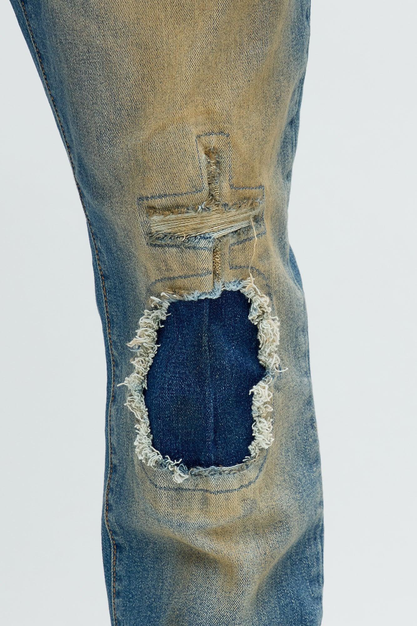 Skinny Going In Circles Repaired Distressed Jeans - Vintage Blue Wash Product Image