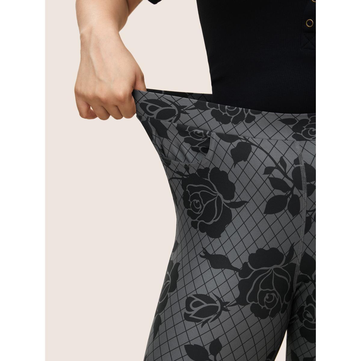 Plus Size Skinny Rose Print High Rise Leggings Women DimGray At the Office High stretch Skinny High Rise Work Leggings BloomChic 10/M Product Image