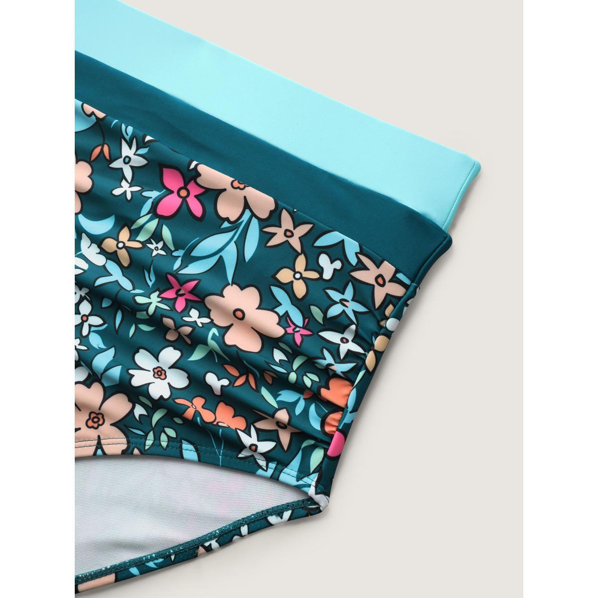 Plus Size Floral Print Color Contrast Swim Bottoms Women's Swimwear DarkGreen Beach Contrast High stretch Skinny High Rise Curve Swim Bottoms BloomChic 18-20/2X Product Image