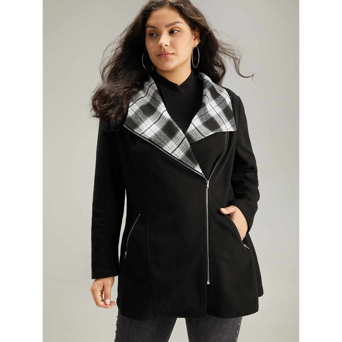 Plus Size Plaid Patchwork Lapel Collar Zipper Coat Women Black Elegant Contrast Ladies Everyday Winter Coats BloomChic 12/L Product Image