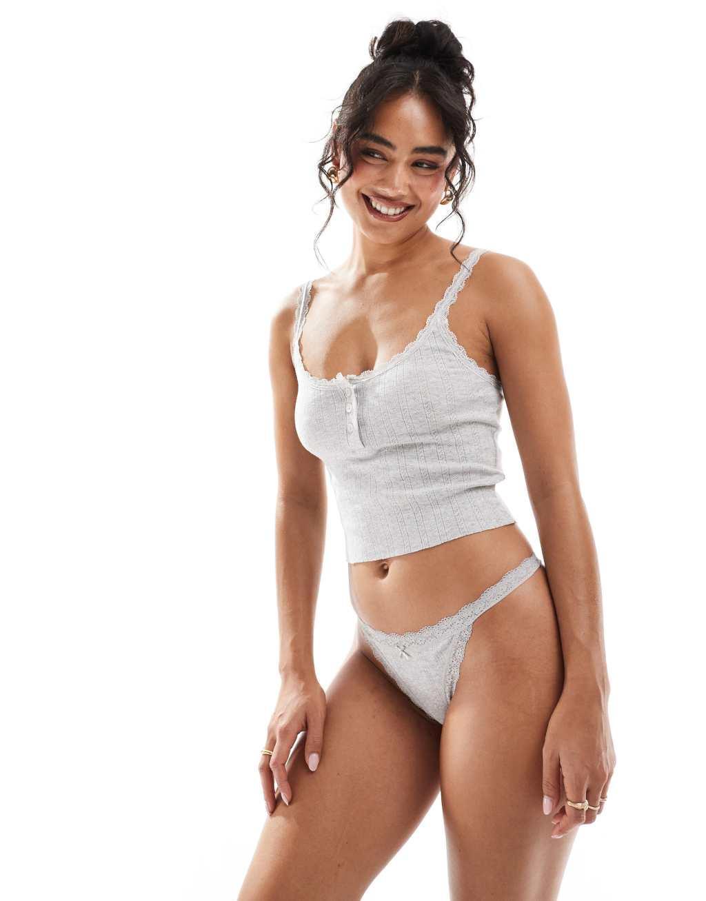 Cotton On cotton lace G-string briefs in gray Product Image