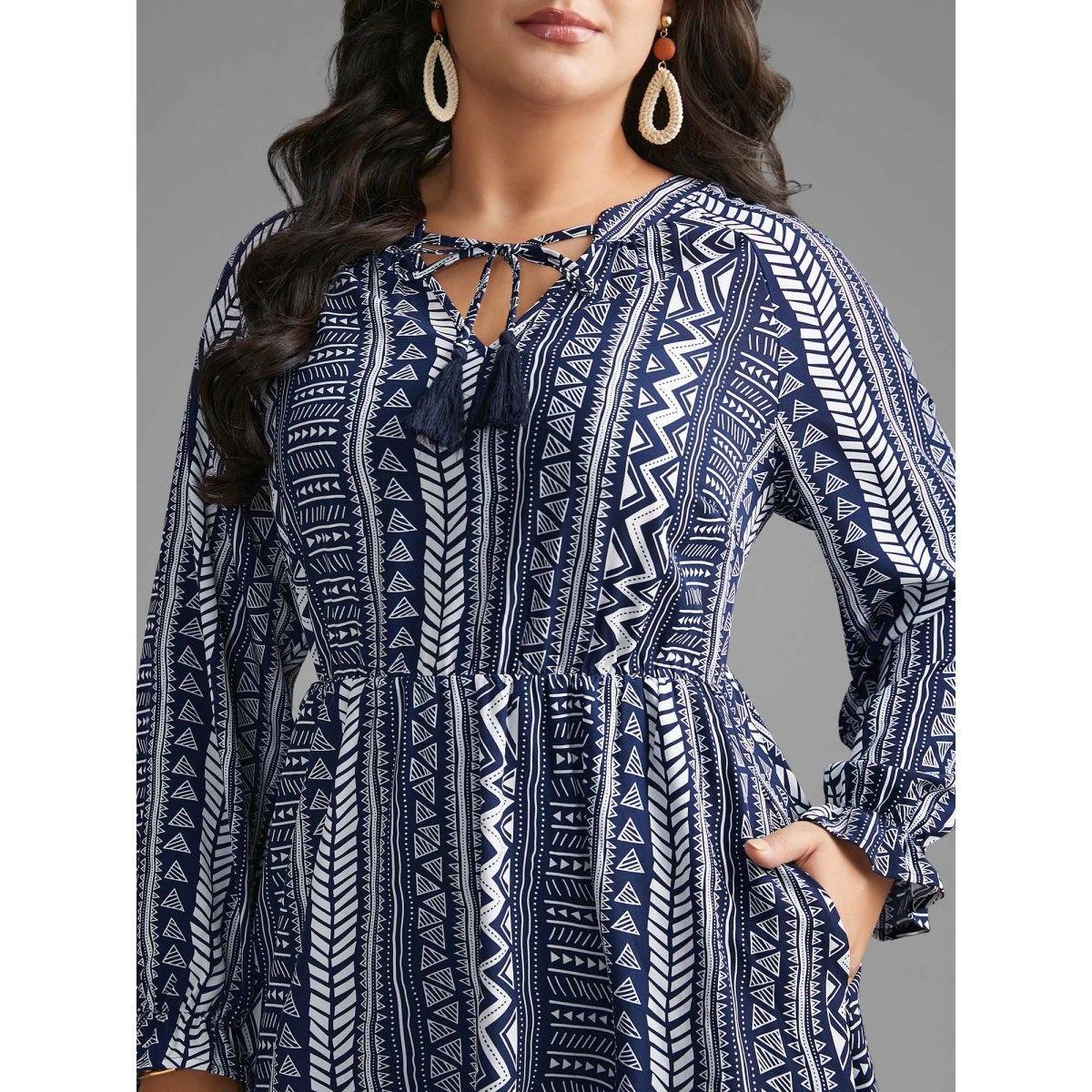 Plus Size Bandana Geometric Tassels Tie Knot Dress Indigo Women Resort Tie knot Flat collar with V-notch Long Sleeve Curvy BloomChic 28/5X Product Image