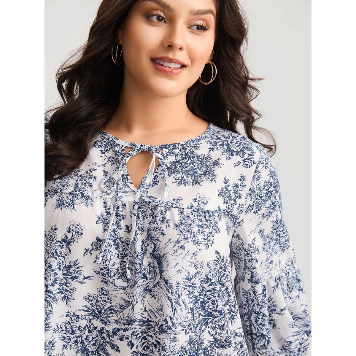 Plus Size DarkBlue Artistic Print A-Line Blouse Women Elbow-length sleeve V-neck Everyday-Elegant Blouses BloomChic 18-20/2X Product Image