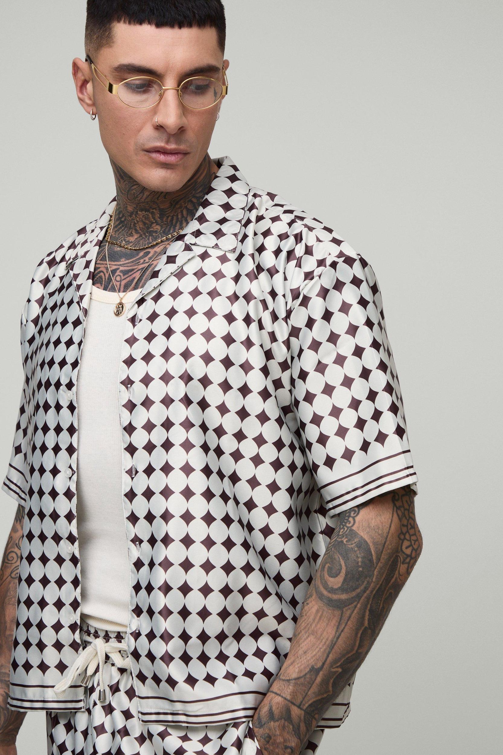 Tall Oversized Boxy Short Sleeve Check Satin Shirt & Short Set | boohooMAN USA Product Image