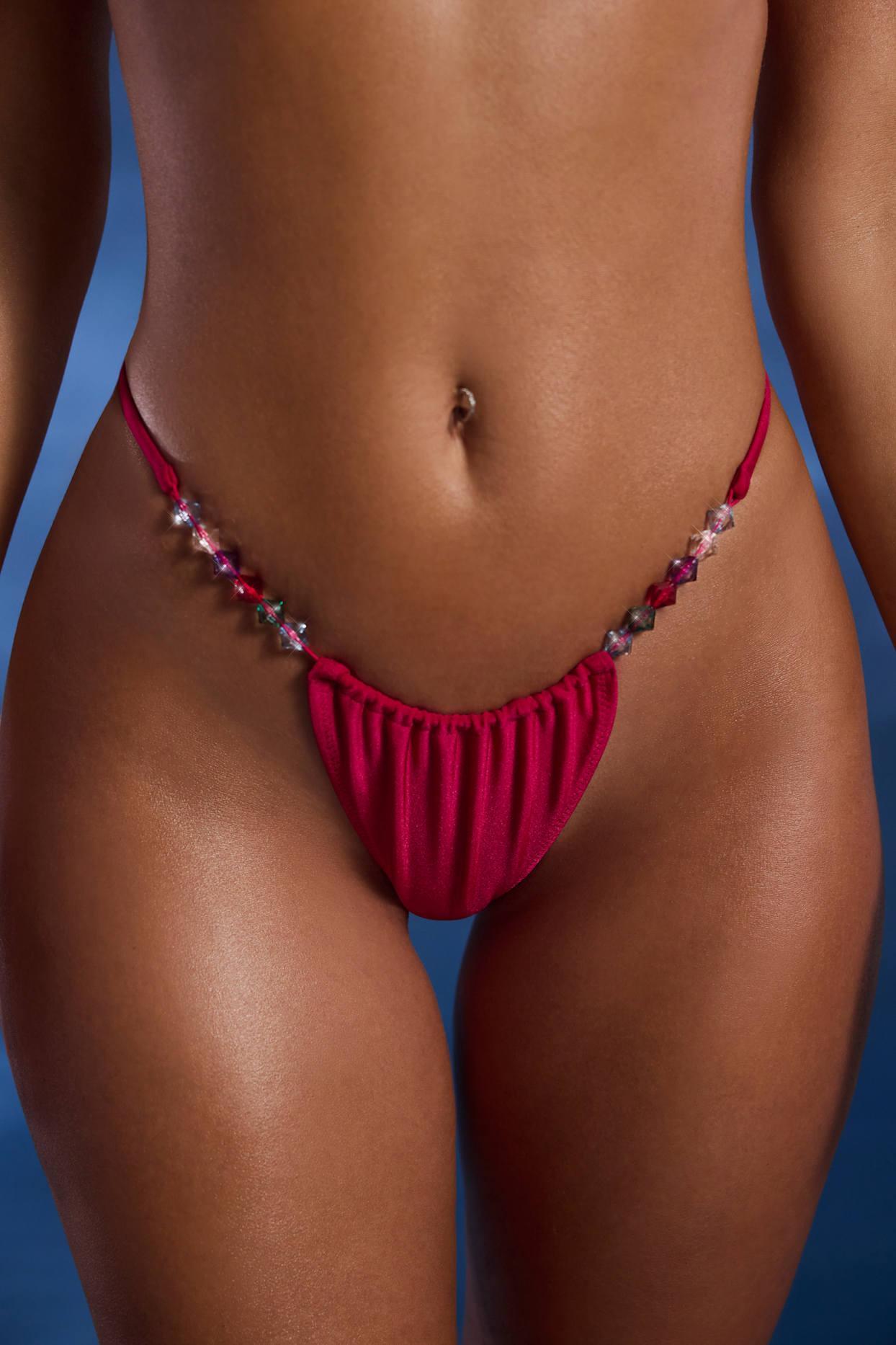 Bead-Embellished Drawstring Thong Bikini Bottoms in Raspberry Pink Product Image