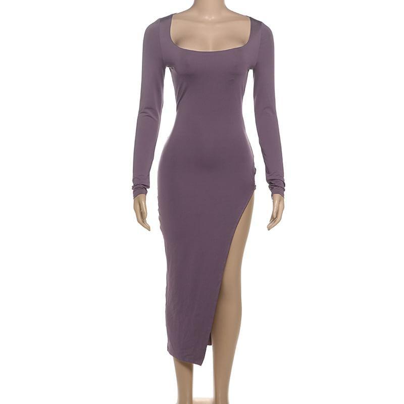 Long-Sleeve Scoop Neck Plain Side-Slit Midi Bodycon Dress Product Image