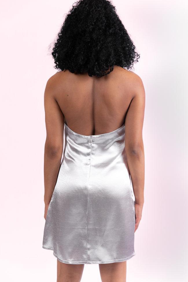 Crossing Your Mind Satin Finish Halter Neck Silver Dress FINAL SALE Product Image