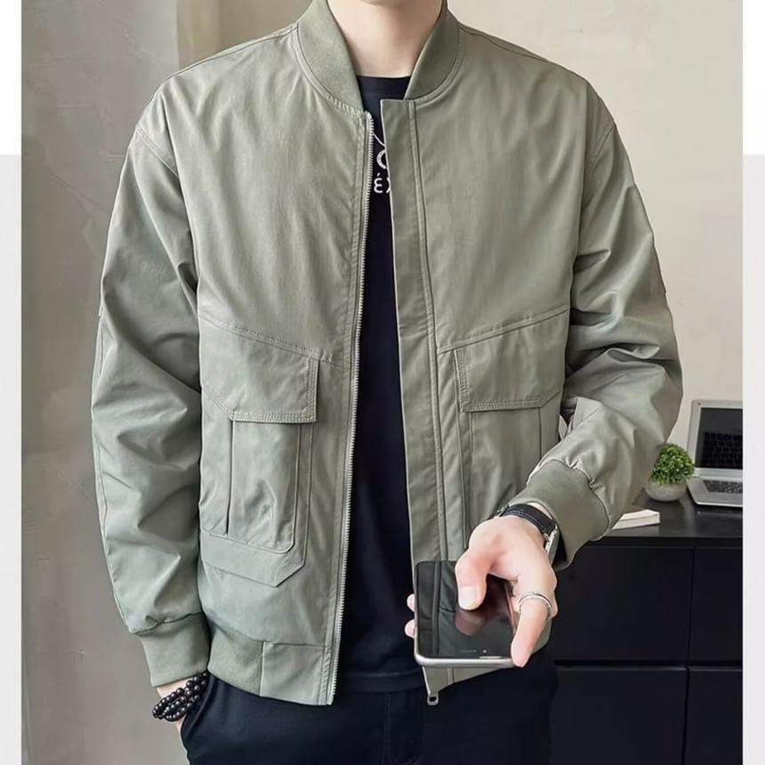 Stand Collar Plain Zip Bomber Jacket Product Image