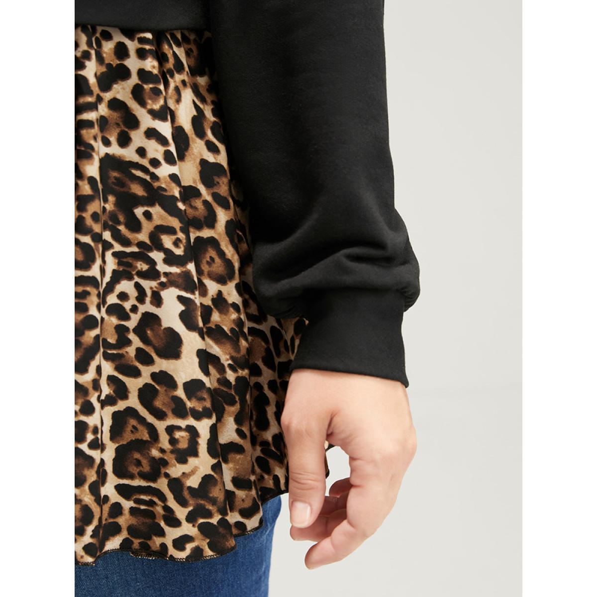 Plus Size Leopard Patchwork Asymmetrical Hem Sweatshirt Women Black Elegant Contrast Round Neck Dailywear Sweatshirts BloomChic 14-16/1X Product Image