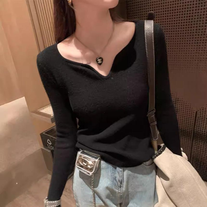 Notch Neck Plain Ribbed Sweater Product Image