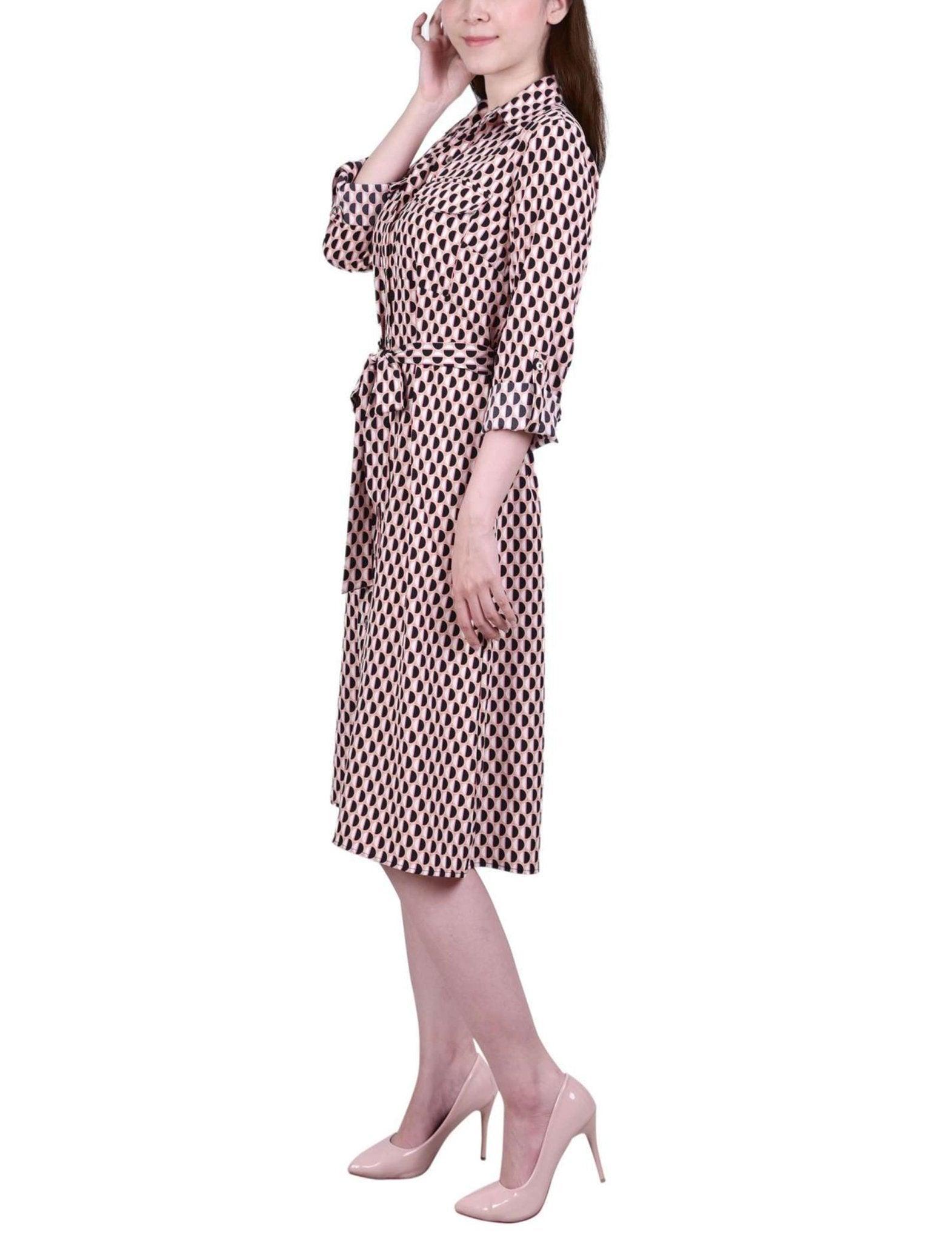 Peach Amber Geo 3/4 Roll Tab Sleeve Belted Shirtdress - Petite Product Image