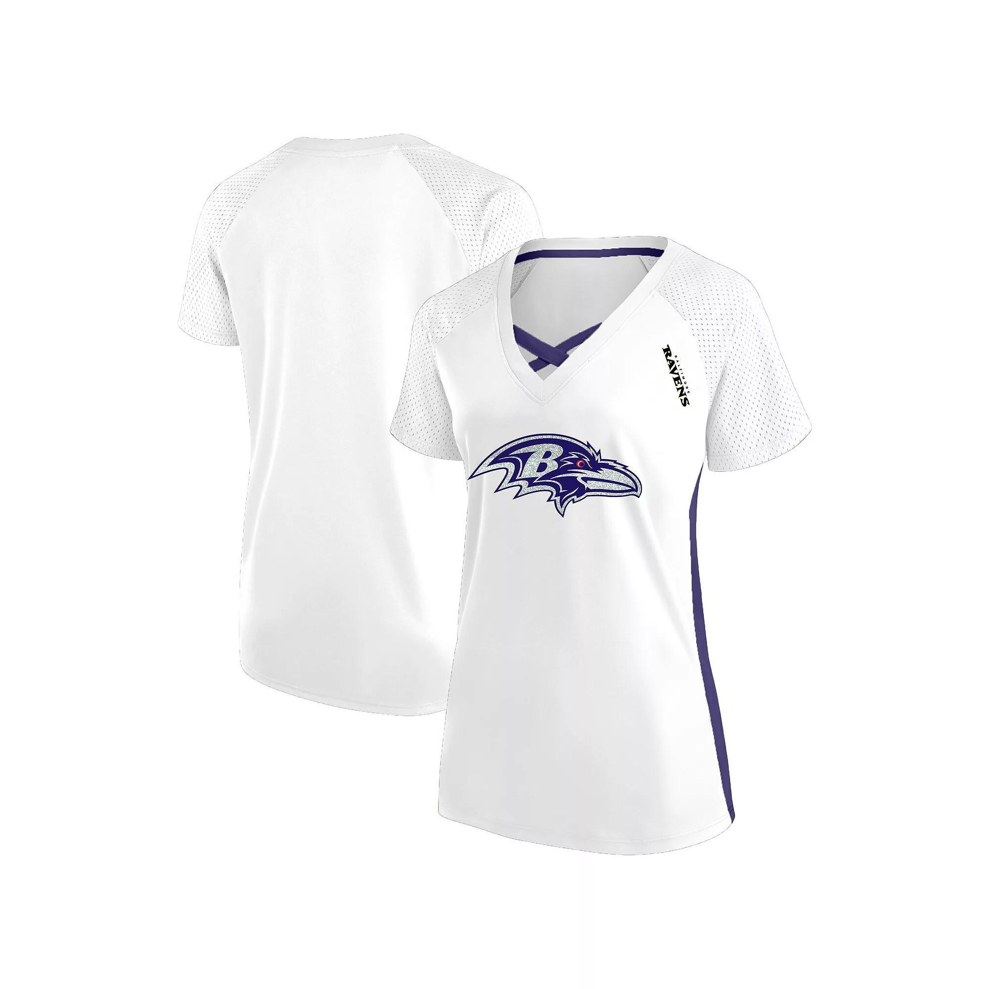 Women's Fanatics  White Baltimore Ravens Plus Size Glitter Lace-Up V- Neck T-Shirt, Size: 2XL Product Image