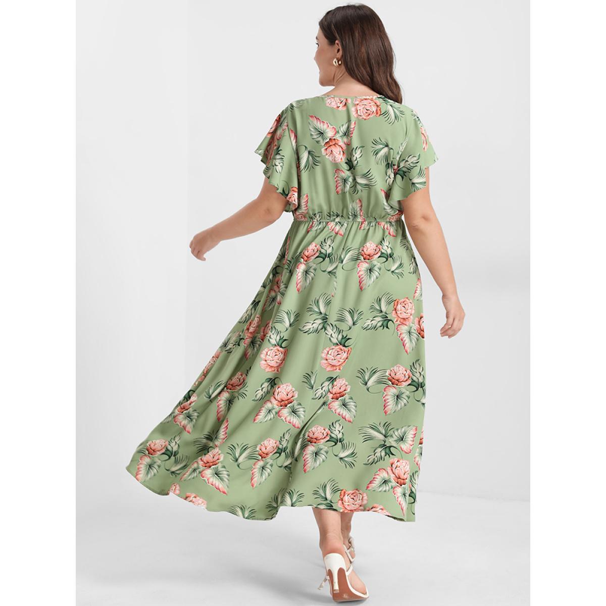 Plus Size Floral Ruffles Raglan Sleeve Ties Wrap Midi Dress LightGreen Women Elegant Printed V-neck Short sleeve Curvy Midi Dress BloomChic 10/M Product Image