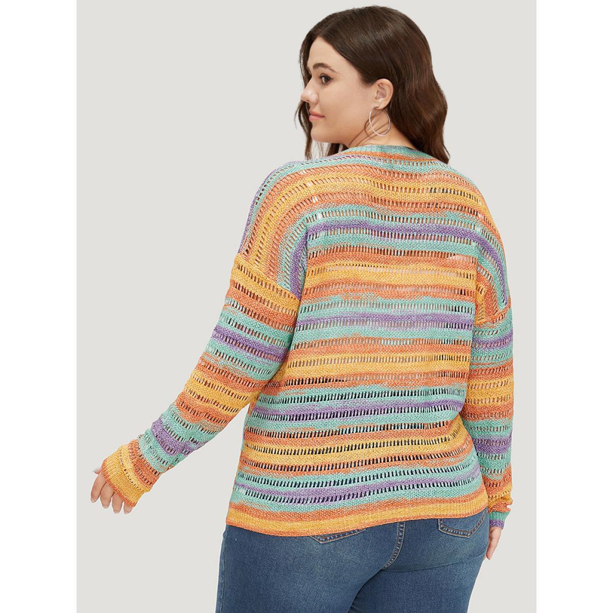 Plus Size Contrast Striped Cut Out Ombre Pullover Multicolor Women Casual Loose Long Sleeve Round Neck Everyday Pullovers BloomChic 26/4X Product Image