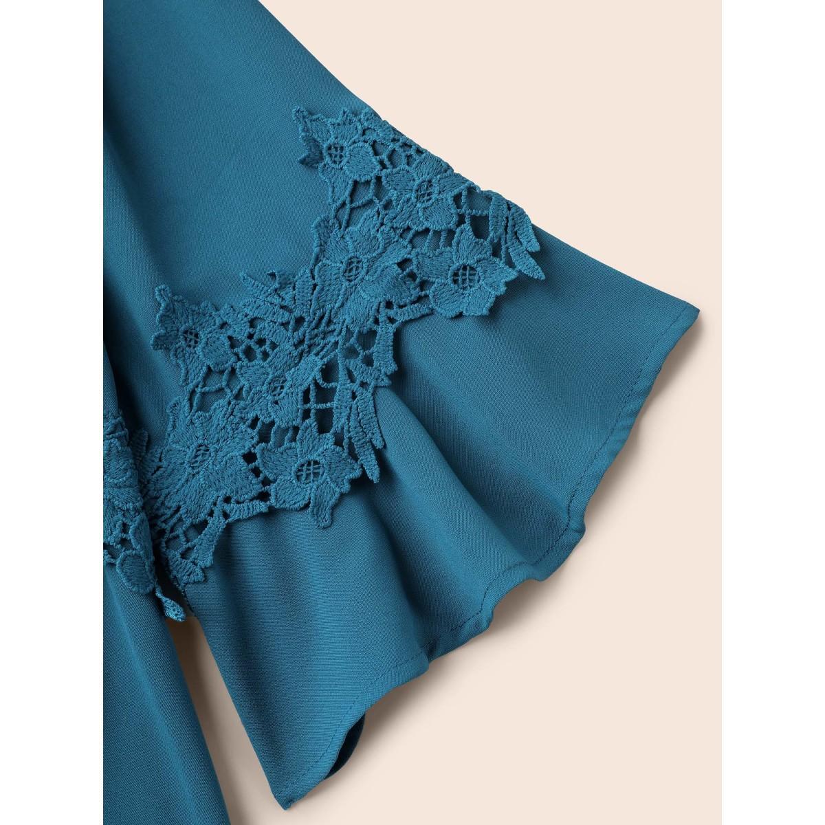 Plus Size Aegean Lace Detail Ruffled Round Neck Blouse Women Elegant Elbow-length sleeve Round Neck Everyday Blouses BloomChic 18-20/2X Product Image