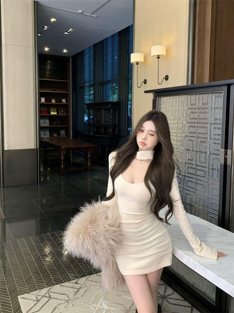 Long-Sleeve Cutout Plain Knit Mini Bodycon Dress Product Image