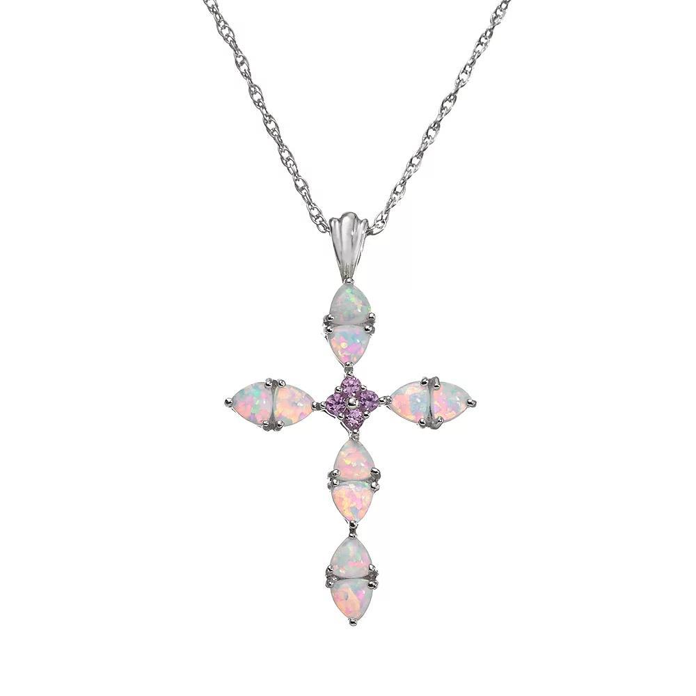 Lab-Created Opal & Lab-Created Pink Sapphire Sterling Silver Cross Pendant Necklace, Women's, Size: 18" Product Image