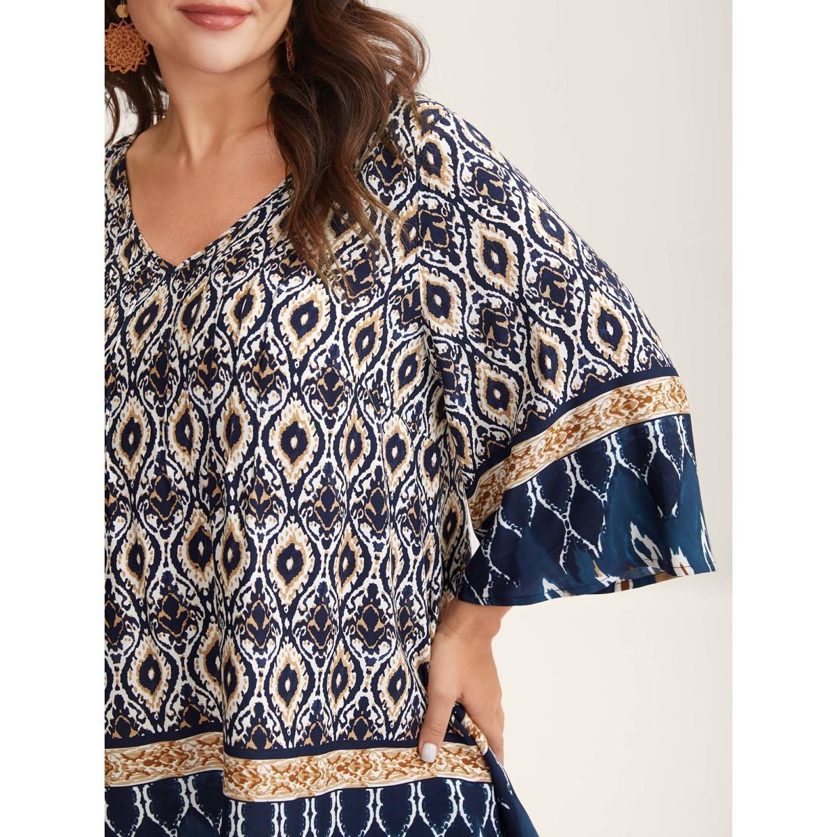 Plus Size Indigo Pin-Tuck Pleat Ornate Print Relaxed Fit Shirt Women Resort Elbow-length sleeve V-neck Vacation Blouses BloomChic 12/L Product Image