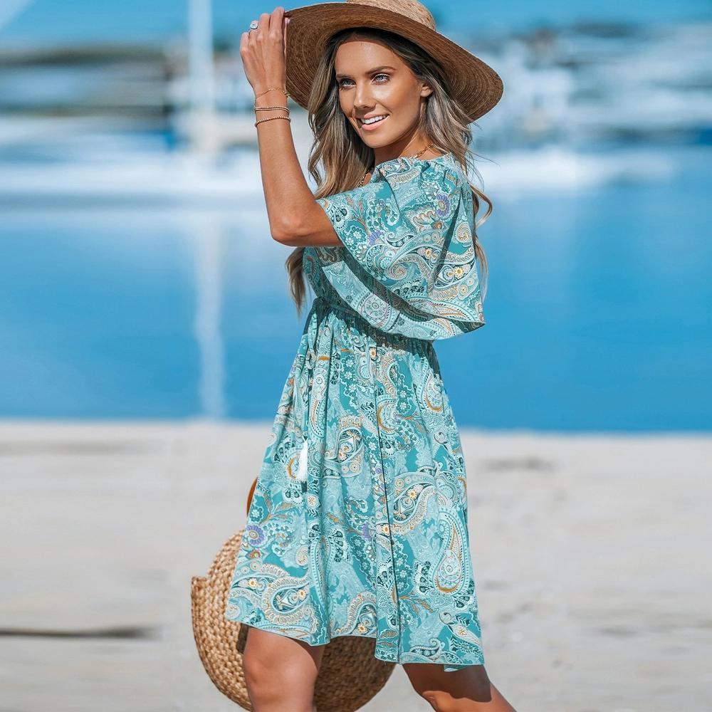 Women's Paisley Tassel Flared Sleeve Mini Dress - Cupshe Product Image