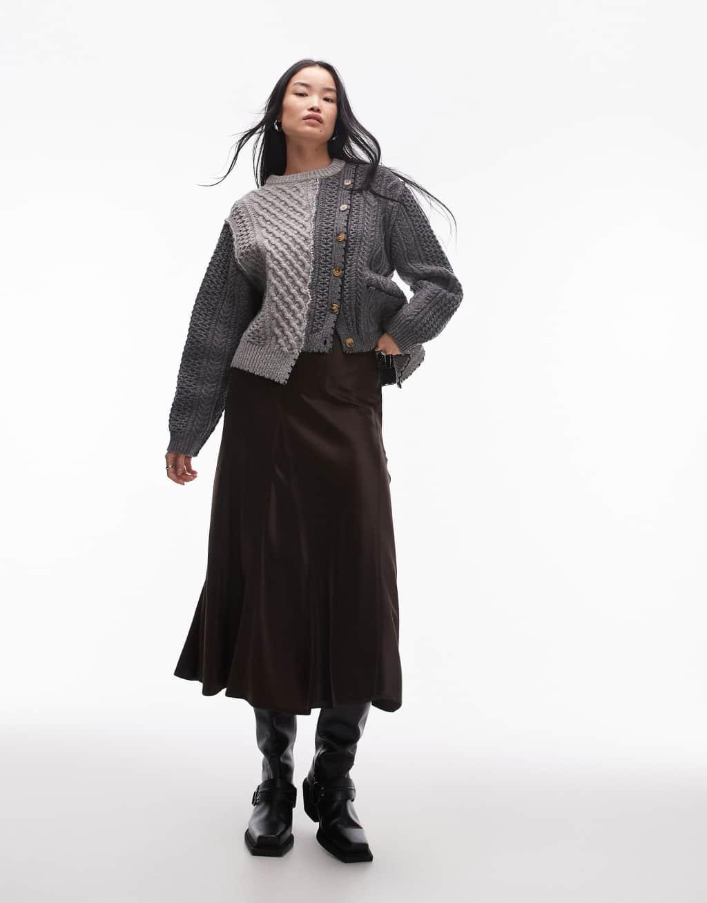 Topshop knit premium 100% wool asymmetric cable cardi in multi Product Image