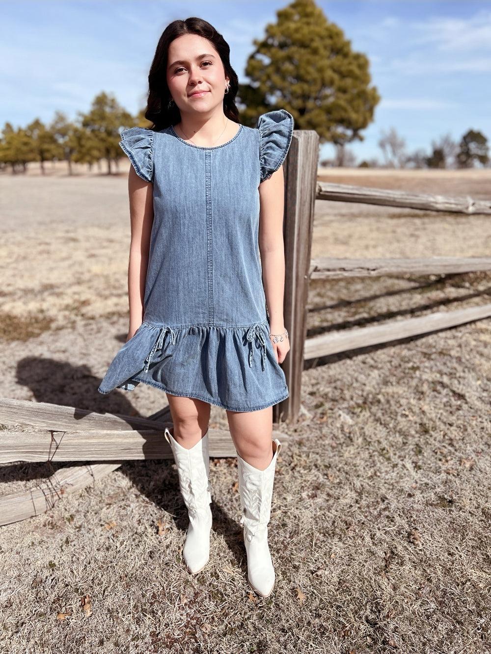 Ruffled Sleeve Washed Denim Mini Dress w/ Bow Detail Product Image