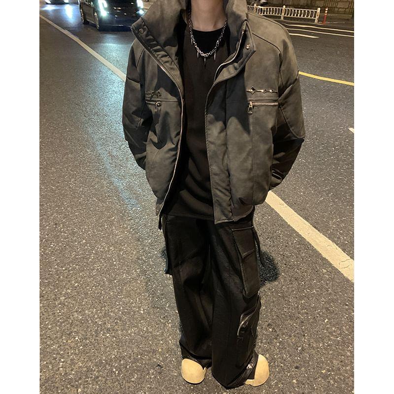 Stand Collared Washed Faux Leather Zip Puffer Jacket Product Image