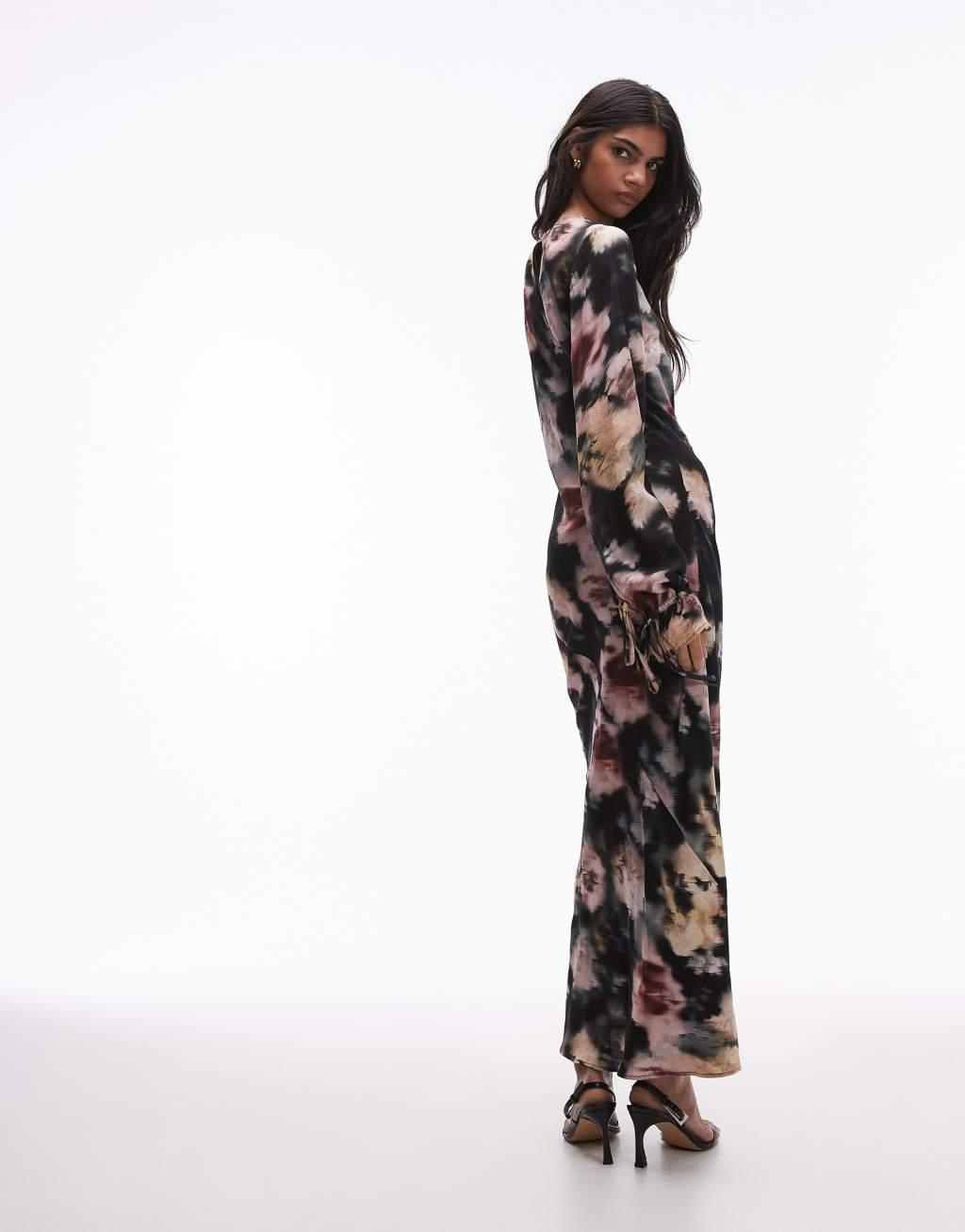 Topshop balloon tie sleeve maxi dress in black based floral Product Image