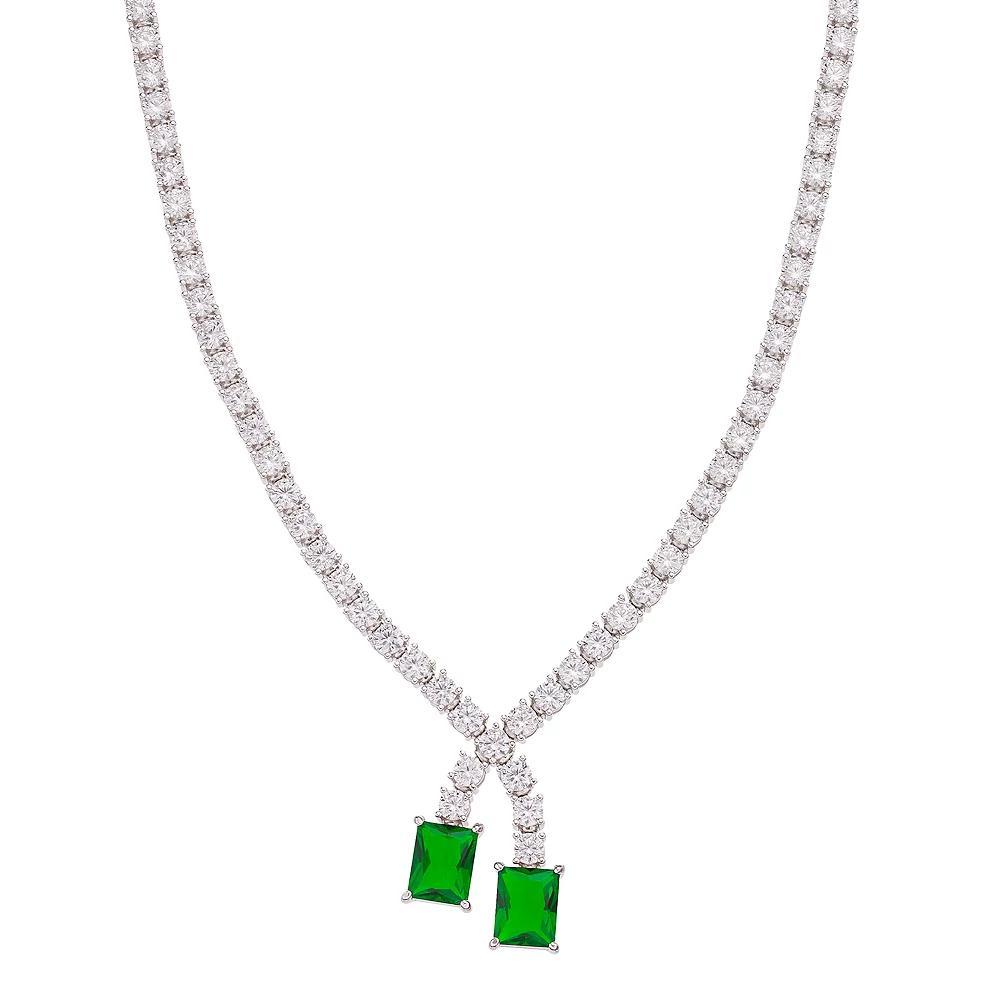 Sterling Silver Cubic Zirconia Double-Stone Drop Tennis Necklace, Womens Green Product Image