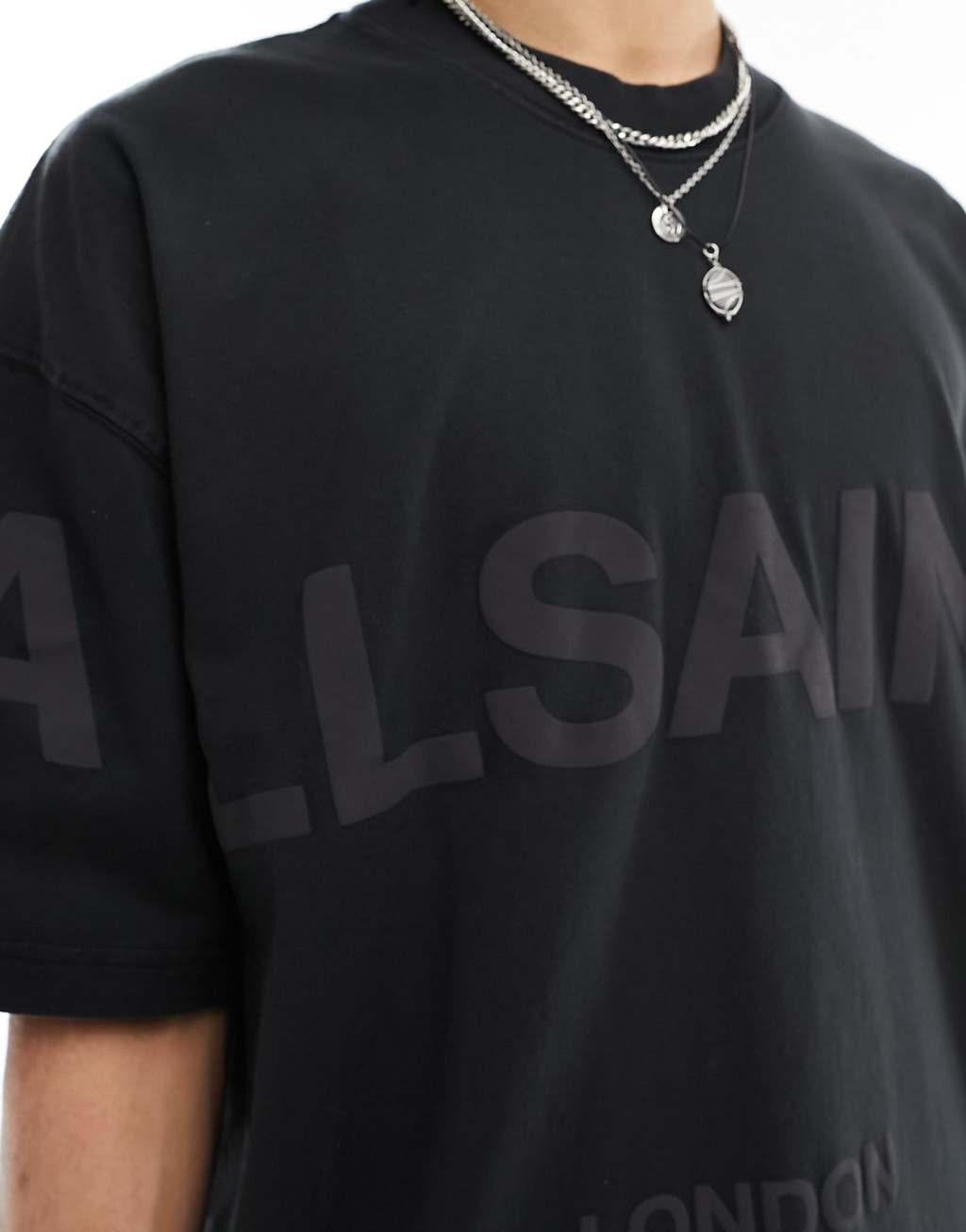 AllSaints Biggy tonal logo oversized T-shirt in black Product Image