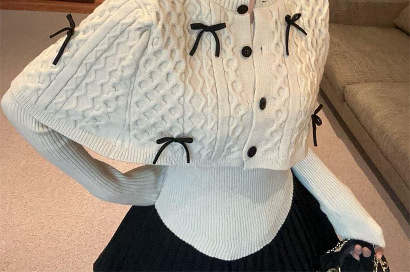 Set: Stand Collar Bow Cable Knit Button Capelet + Long Sleeve Ribbed Knit Top Product Image