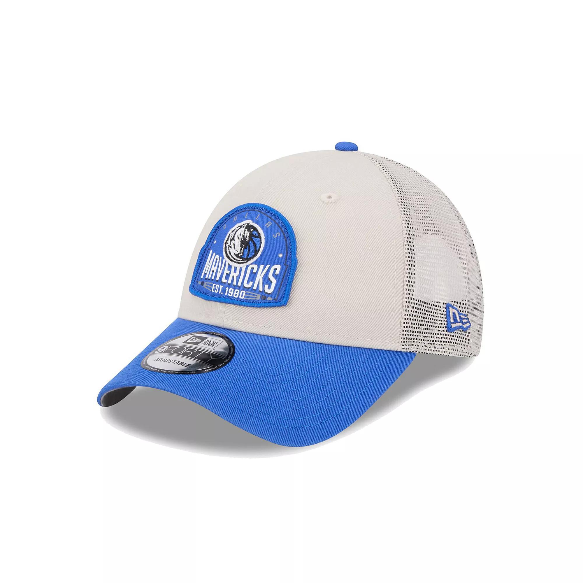 Mens New Era Khaki/Blue Dallas Mavericks Throwback Patch Trucker 9FORTY Adjustable Hat Product Image