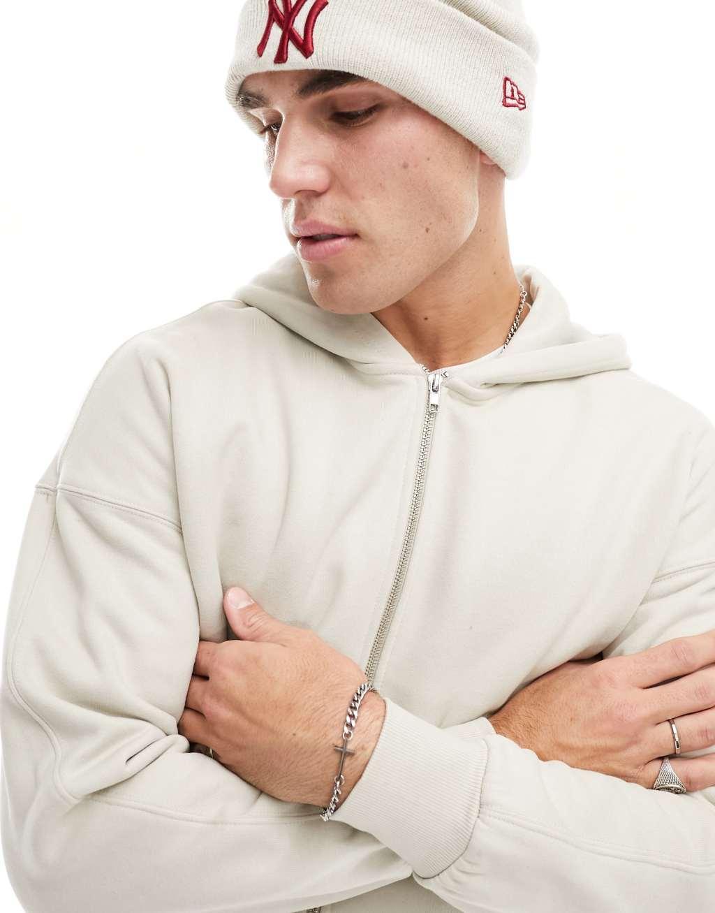 ONLY & SONS heavyweight zip through hoodie in stone Product Image