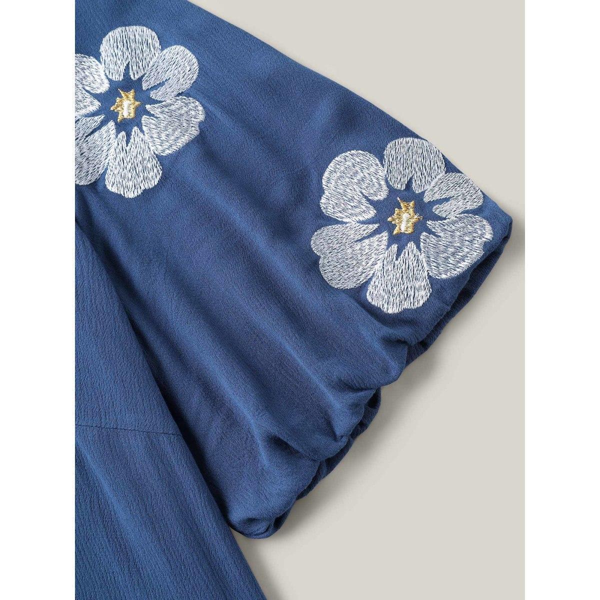 Plus Size DarkBlue Floral Embroidery Textured Neck Tie Blouse Women Half Sleeve Flat collar with V-notch Everyday-Elegant Blouses BloomChic 30/6X Product Image