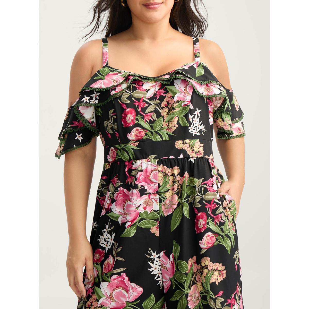 Plus Size Black Floral Print Off-Shoulder Wide-Leg Jumpsuit Women Short sleeve One-shoulder neck Everyday-Elegant Loose Jumpsuits BloomChic 18-20/2X Product Image