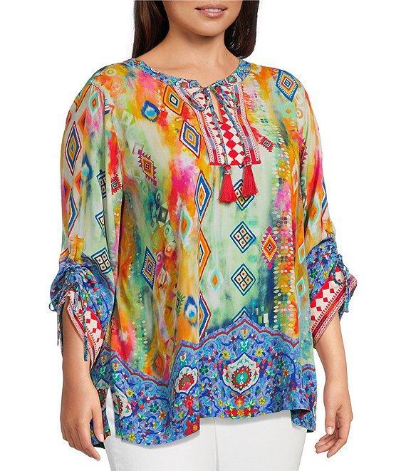 John Mark Plus Size Embroidered Printed Split V-Neck 3/4 Cinched Sleeve Tassel Tie Front Tunic Product Image